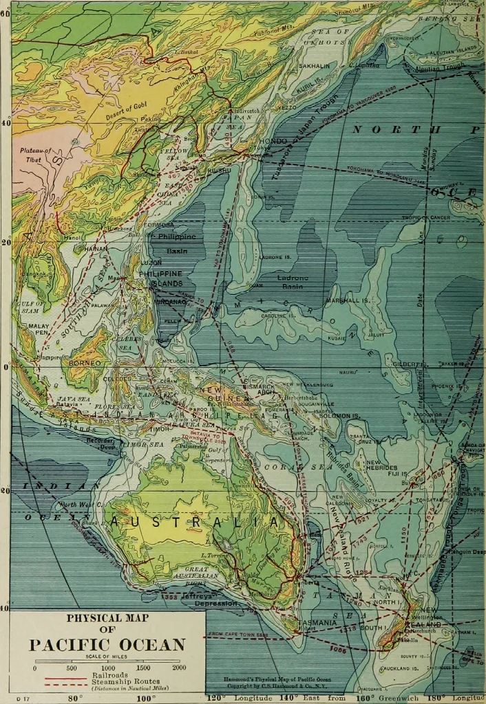 An illustration from Hammond's business atlas of economic geography: a new series of maps showing: relief of the land, temperature, rainfall, natural vegetation, productive and non-productive regions, mineral products, agricultural products, distribution of population, etc., etc, 1921, leaf 89
