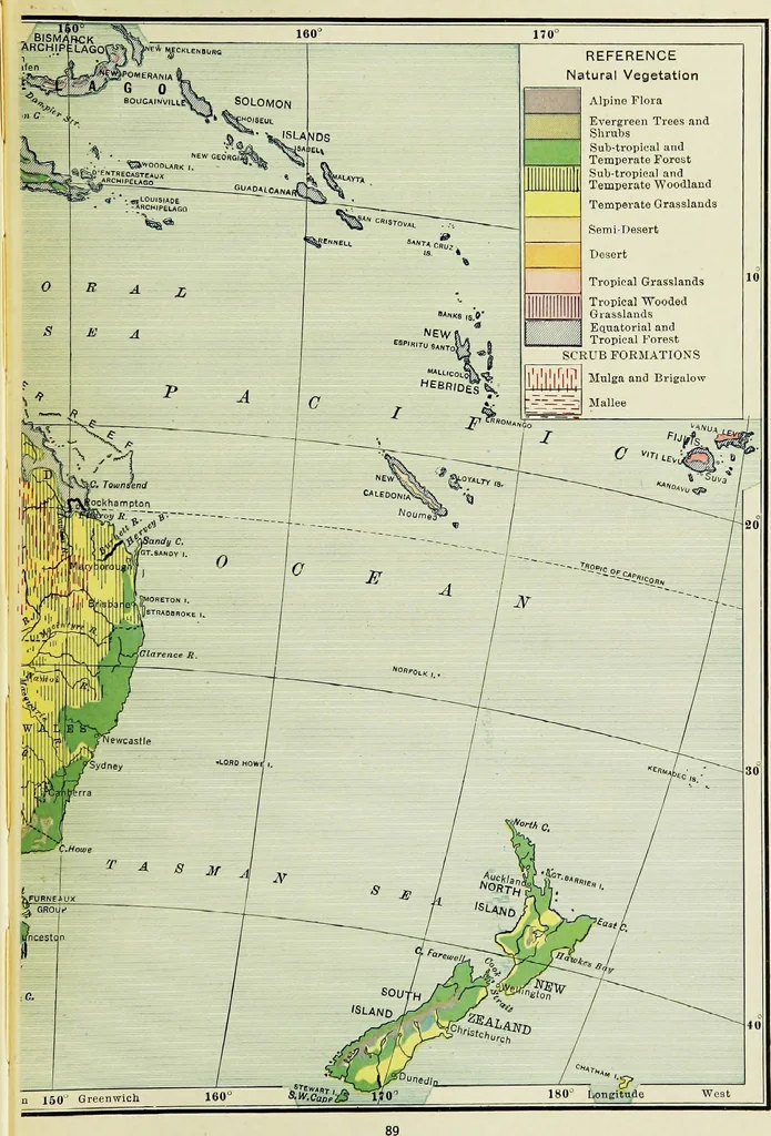An illustration from Hammond's business atlas of economic geography: a new series of maps showing: relief of the land, temperature, rainfall, natural vegetation, productive and non-productive regions, mineral products, agricultural products, distribution of population, etc., etc, 1921, leaf 92