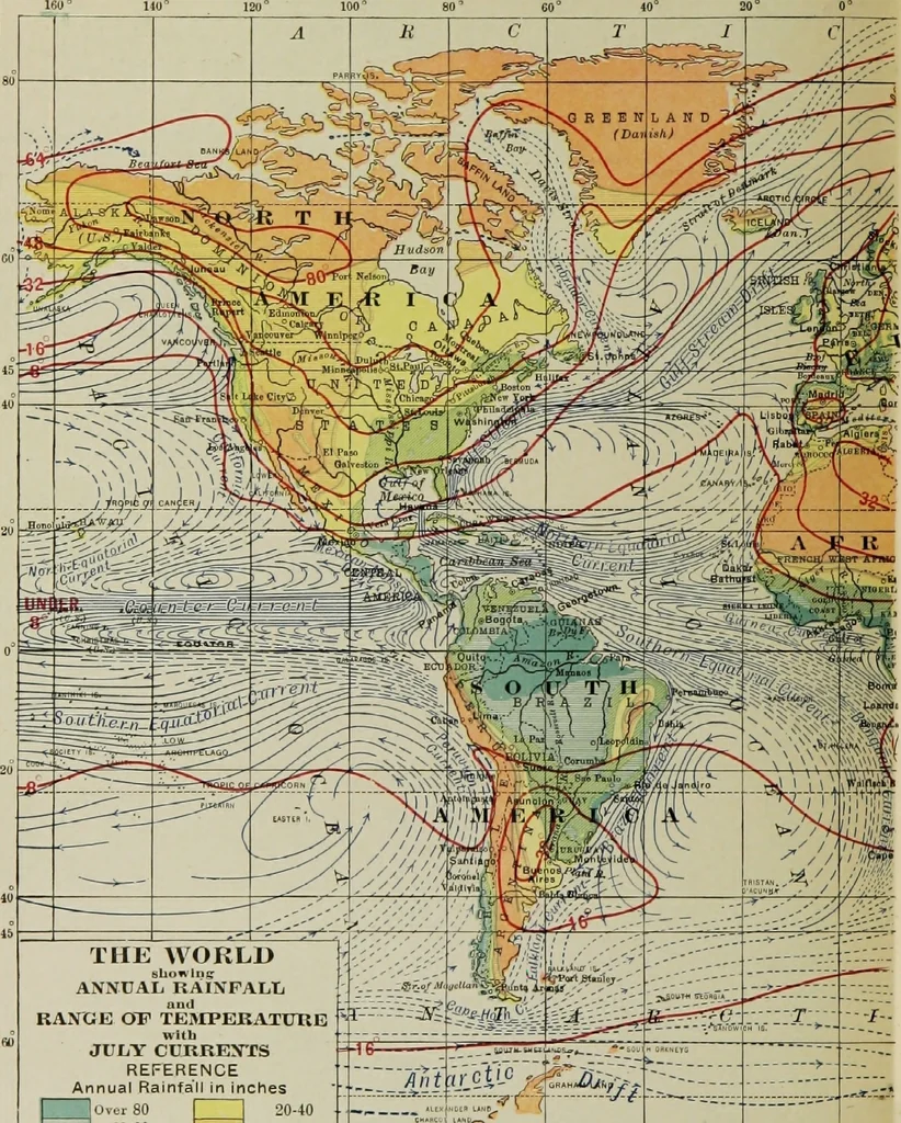 An illustration from Hammond's business atlas of economic geography: a new series of maps showing: relief of the land, temperature, rainfall, natural vegetation, productive and non-productive regions, mineral products, agricultural products, distribution of population, etc., etc, 1921, leaf 95