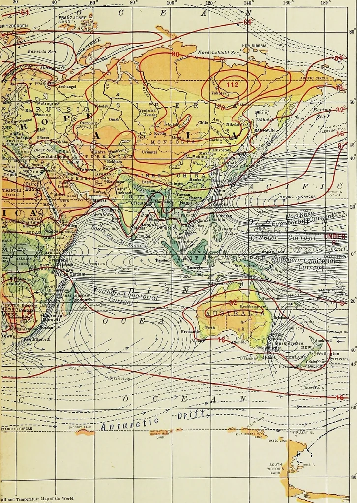 An illustration from Hammond's business atlas of economic geography: a new series of maps showing: relief of the land, temperature, rainfall, natural vegetation, productive and non-productive regions, mineral products, agricultural products, distribution of population, etc., etc, 1921, leaf 96