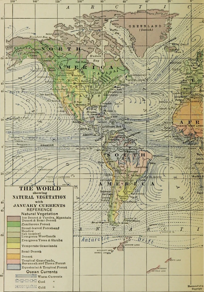 An illustration from Hammond's business atlas of economic geography: a new series of maps showing: relief of the land, temperature, rainfall, natural vegetation, productive and non-productive regions, mineral products, agricultural products, distribution of population, etc., etc, 1921, leaf 97