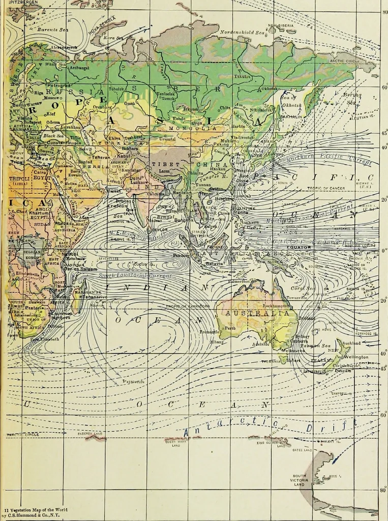 An illustration from Hammond's business atlas of economic geography: a new series of maps showing: relief of the land, temperature, rainfall, natural vegetation, productive and non-productive regions, mineral products, agricultural products, distribution of population, etc., etc, 1921, leaf 98
