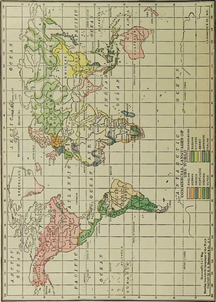 An illustration from Hammond's business atlas of economic geography: a new series of maps showing: relief of the land, temperature, rainfall, natural vegetation, productive and non-productive regions, mineral products, agricultural products, distribution of population, etc., etc, 1921, leaf 99
