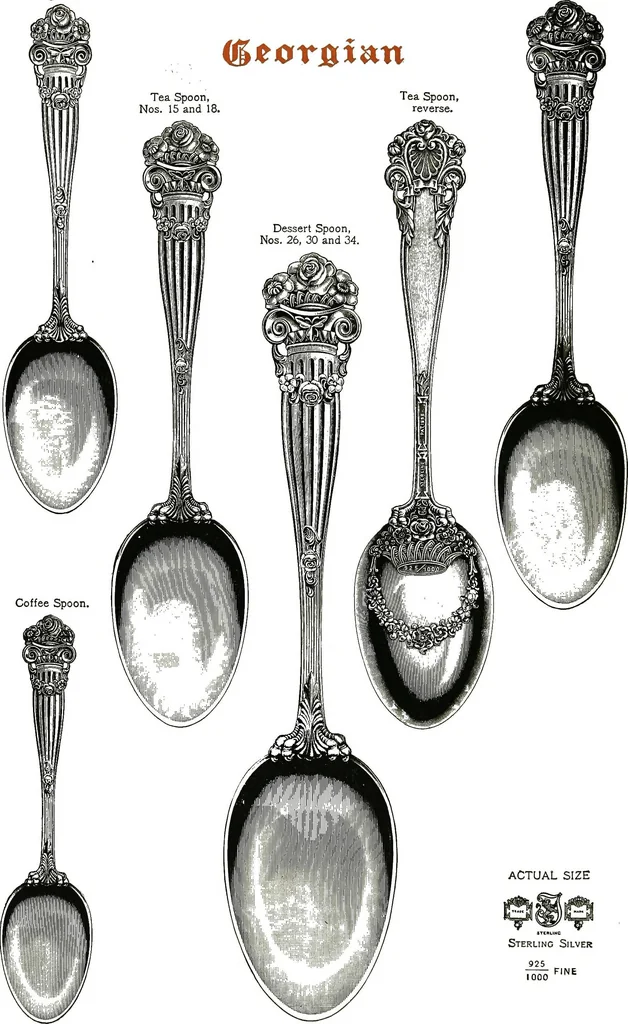 An illustration from Georgian: a pattern of spoons, forks and all other pieces of table flat ware is fully shown in this book, in which is also given an account of the chief events of the war of the revolution and the acts of oppression which preceded and provoked it..., 1906, leaf 58