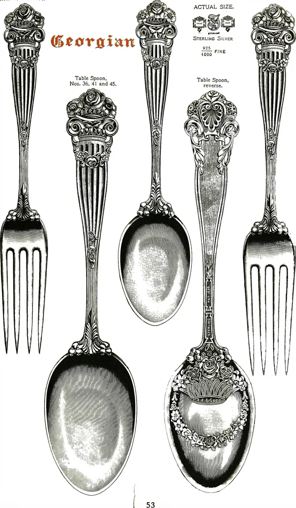 An illustration from Georgian: a pattern of spoons, forks and all other pieces of table flat ware is fully shown in this book, in which is also given an account of the chief events of the war of the revolution and the acts of oppression which preceded and provoked it..., 1906, leaf 59