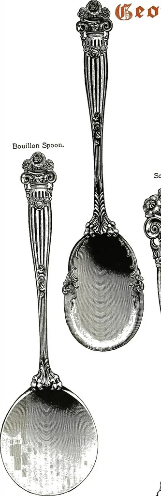 An illustration from Georgian: a pattern of spoons, forks and all other pieces of table flat ware is fully shown in this book, in which is also given an account of the chief events of the war of the revolution and the acts of oppression which preceded and provoked it..., 1906, leaf 60