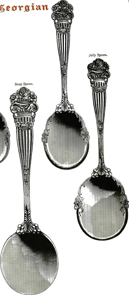 An illustration from Georgian: a pattern of spoons, forks and all other pieces of table flat ware is fully shown in this book, in which is also given an account of the chief events of the war of the revolution and the acts of oppression which preceded and provoked it..., 1906, leaf 60