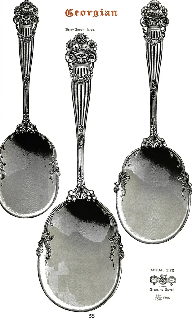An illustration from Georgian: a pattern of spoons, forks and all other pieces of table flat ware is fully shown in this book, in which is also given an account of the chief events of the war of the revolution and the acts of oppression which preceded and provoked it..., 1906, leaf 61