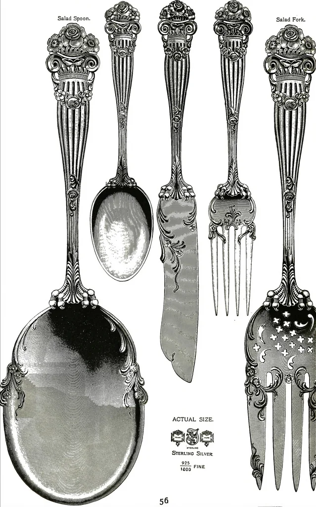 An illustration from Georgian: a pattern of spoons, forks and all other pieces of table flat ware is fully shown in this book, in which is also given an account of the chief events of the war of the revolution and the acts of oppression which preceded and provoked it..., 1906, leaf 62