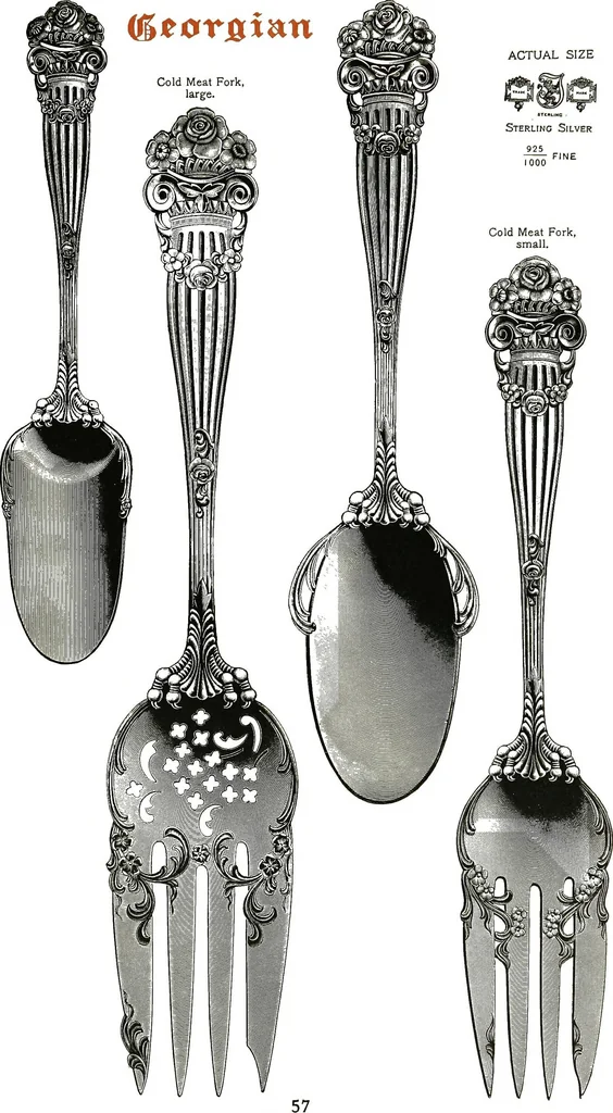 An illustration from Georgian: a pattern of spoons, forks and all other pieces of table flat ware is fully shown in this book, in which is also given an account of the chief events of the war of the revolution and the acts of oppression which preceded and provoked it..., 1906, leaf 63