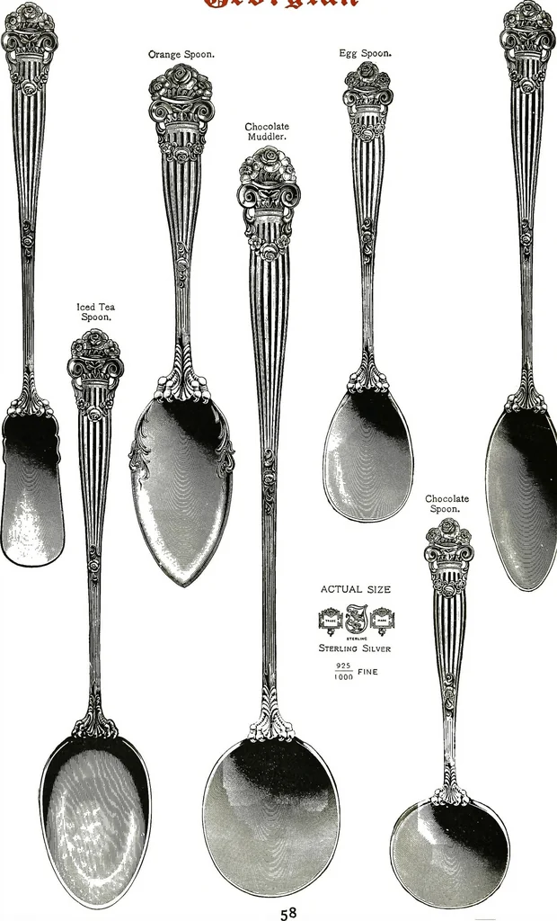 An illustration from Georgian: a pattern of spoons, forks and all other pieces of table flat ware is fully shown in this book, in which is also given an account of the chief events of the war of the revolution and the acts of oppression which preceded and provoked it..., 1906, leaf 64