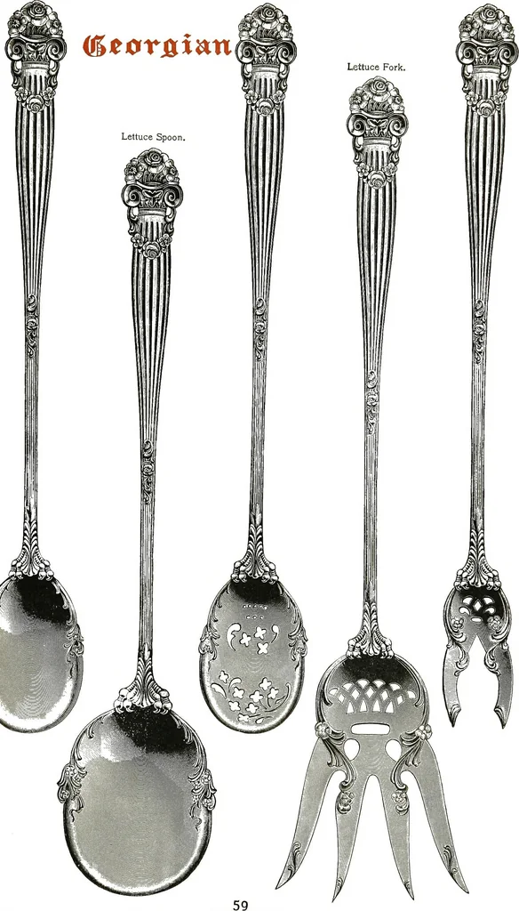 An illustration from Georgian: a pattern of spoons, forks and all other pieces of table flat ware is fully shown in this book, in which is also given an account of the chief events of the war of the revolution and the acts of oppression which preceded and provoked it..., 1906, leaf 65