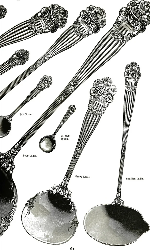 An illustration from Georgian: a pattern of spoons, forks and all other pieces of table flat ware is fully shown in this book, in which is also given an account of the chief events of the war of the revolution and the acts of oppression which preceded and provoked it..., 1906, leaf 67