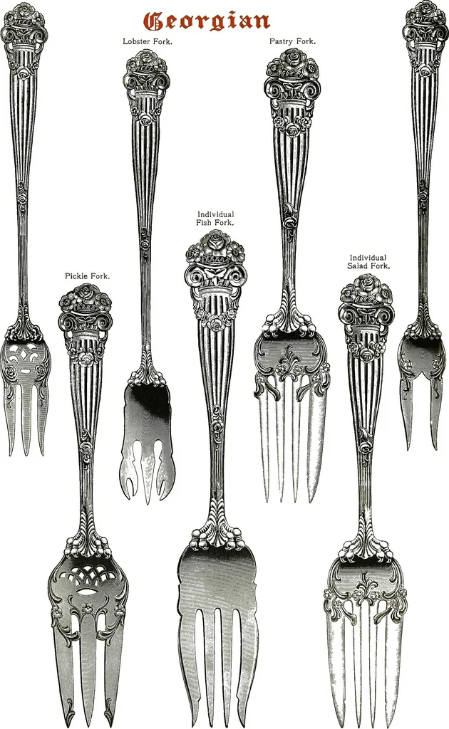 An illustration from Georgian: a pattern of spoons, forks and all other pieces of table flat ware is fully shown in this book, in which is also given an account of the chief events of the war of the revolution and the acts of oppression which preceded and provoked it..., 1906, leaf 68