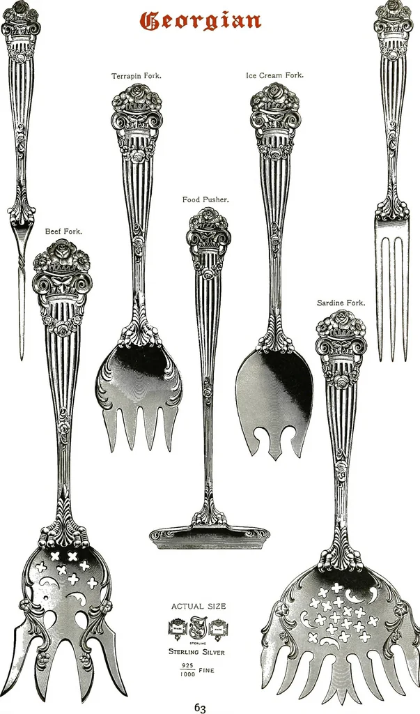 An illustration from Georgian: a pattern of spoons, forks and all other pieces of table flat ware is fully shown in this book, in which is also given an account of the chief events of the war of the revolution and the acts of oppression which preceded and provoked it..., 1906, leaf 69