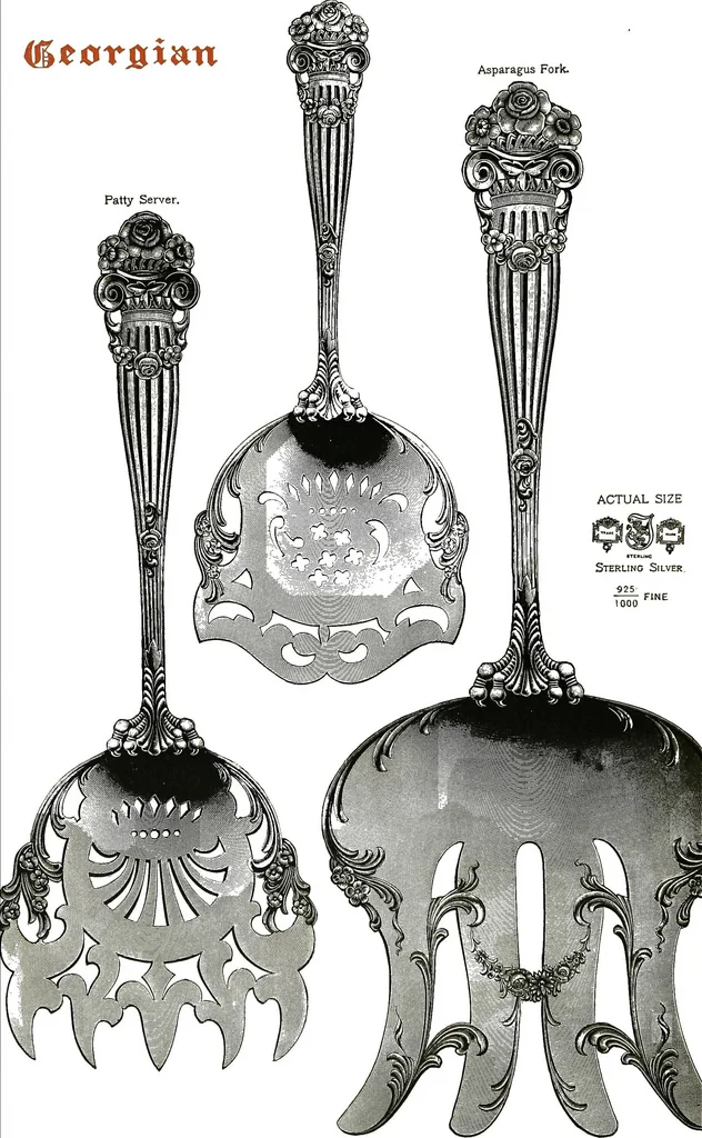 An illustration from Georgian: a pattern of spoons, forks and all other pieces of table flat ware is fully shown in this book, in which is also given an account of the chief events of the war of the revolution and the acts of oppression which preceded and provoked it..., 1906, leaf 70