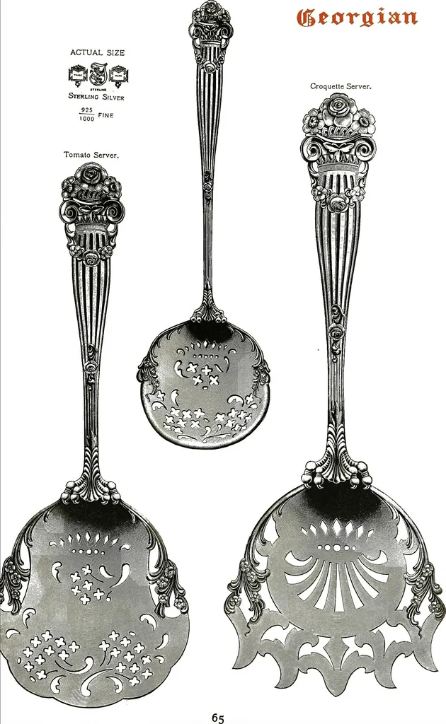 An illustration from Georgian: a pattern of spoons, forks and all other pieces of table flat ware is fully shown in this book, in which is also given an account of the chief events of the war of the revolution and the acts of oppression which preceded and provoked it..., 1906, leaf 71