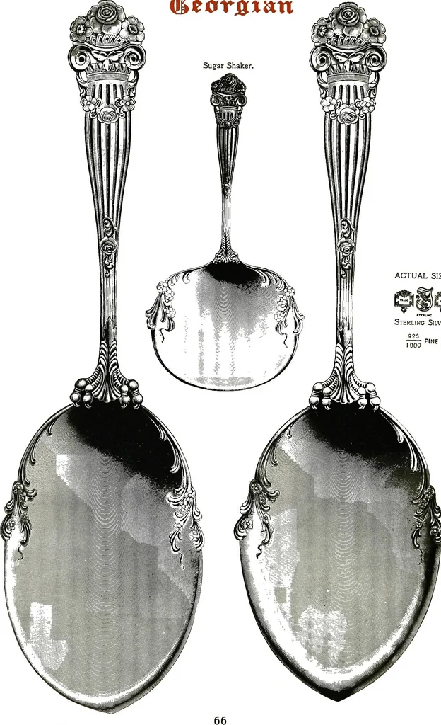An illustration from Georgian: a pattern of spoons, forks and all other pieces of table flat ware is fully shown in this book, in which is also given an account of the chief events of the war of the revolution and the acts of oppression which preceded and provoked it..., 1906, leaf 72