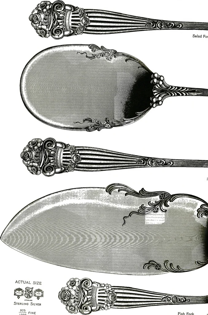 An illustration from Georgian: a pattern of spoons, forks and all other pieces of table flat ware is fully shown in this book, in which is also given an account of the chief events of the war of the revolution and the acts of oppression which preceded and provoked it..., 1906, leaf 74