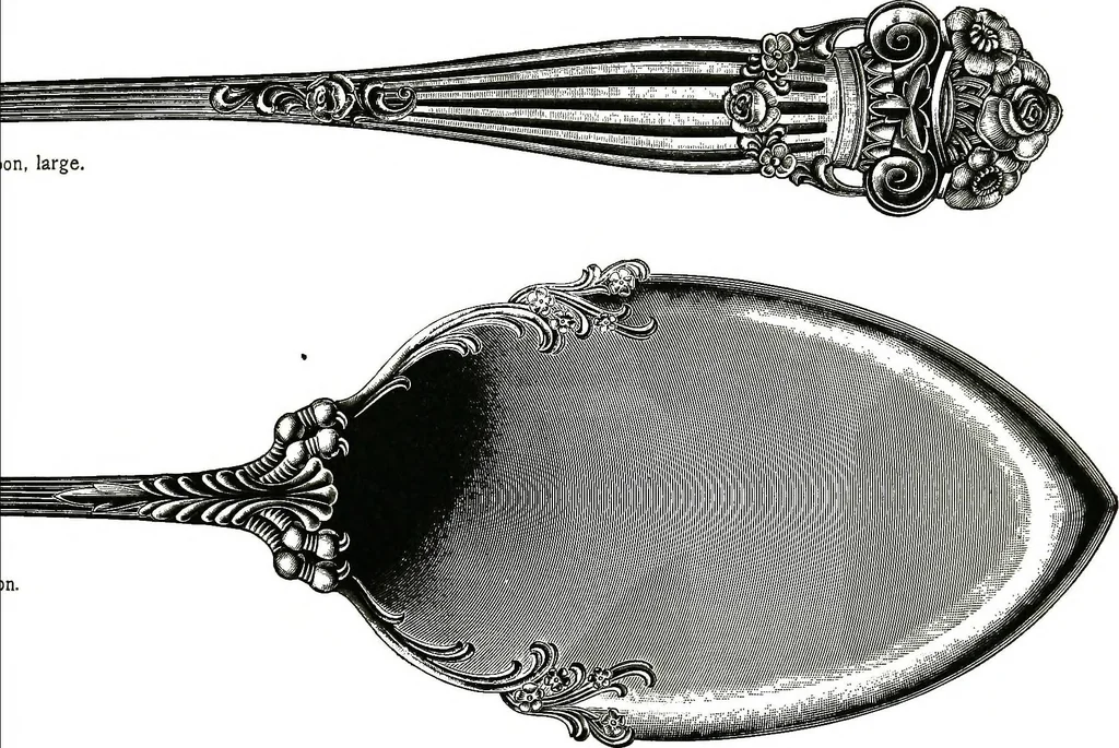 An illustration from Georgian: a pattern of spoons, forks and all other pieces of table flat ware is fully shown in this book, in which is also given an account of the chief events of the war of the revolution and the acts of oppression which preceded and provoked it..., 1906, leaf 75
