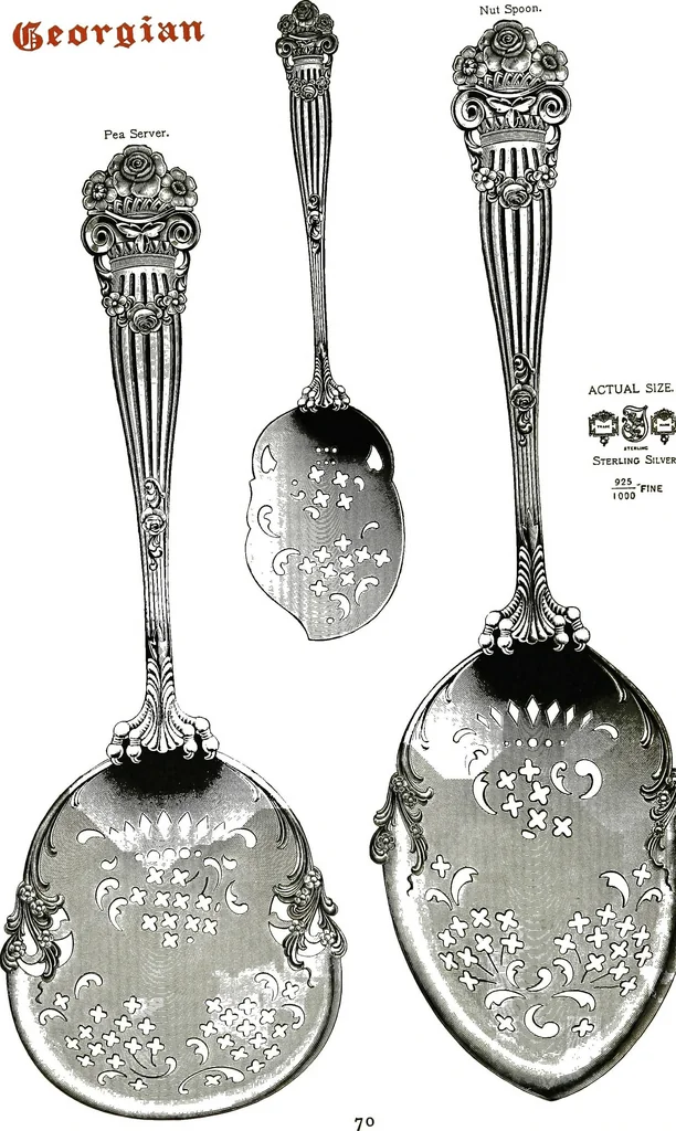 An illustration from Georgian: a pattern of spoons, forks and all other pieces of table flat ware is fully shown in this book, in which is also given an account of the chief events of the war of the revolution and the acts of oppression which preceded and provoked it..., 1906, leaf 76