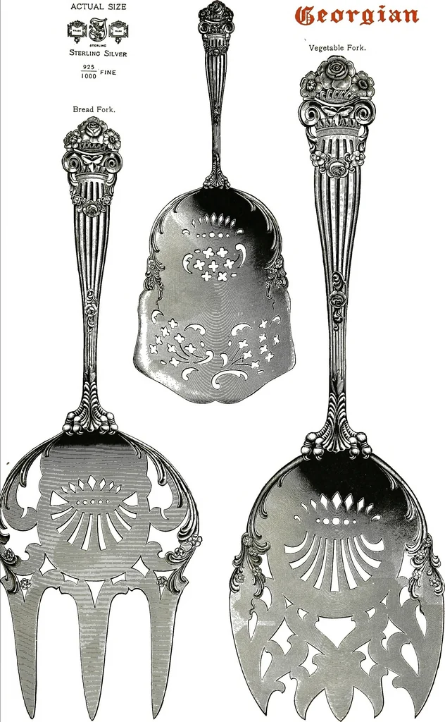 An illustration from Georgian: a pattern of spoons, forks and all other pieces of table flat ware is fully shown in this book, in which is also given an account of the chief events of the war of the revolution and the acts of oppression which preceded and provoked it..., 1906, leaf 77