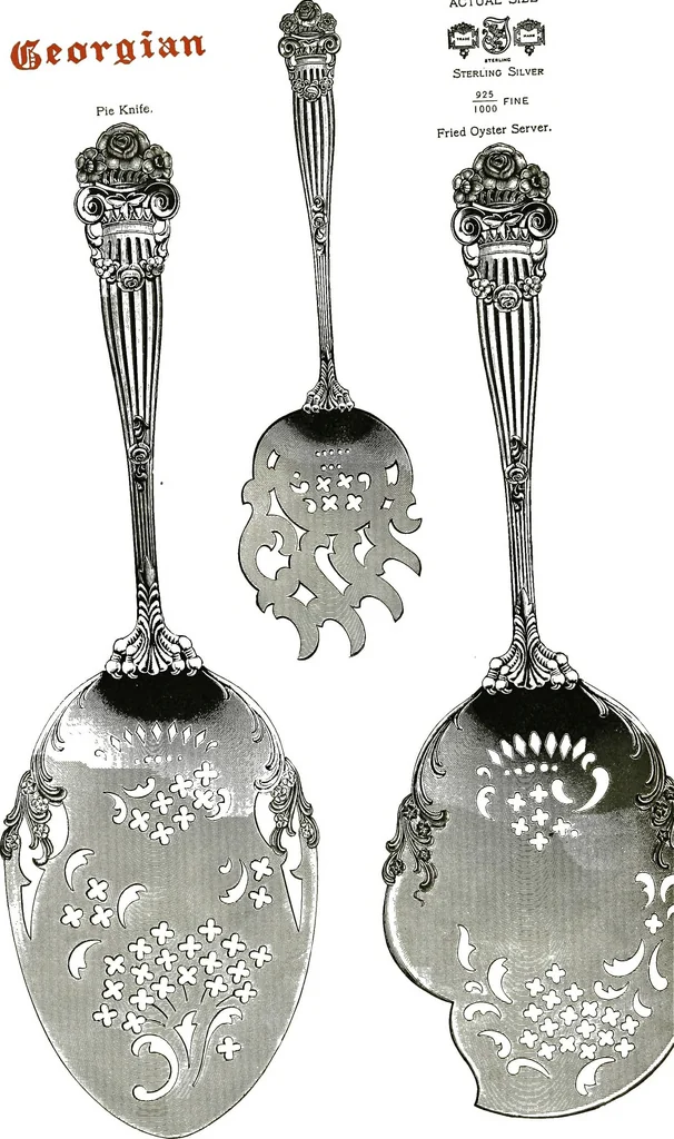 An illustration from Georgian: a pattern of spoons, forks and all other pieces of table flat ware is fully shown in this book, in which is also given an account of the chief events of the war of the revolution and the acts of oppression which preceded and provoked it..., 1906, leaf 80