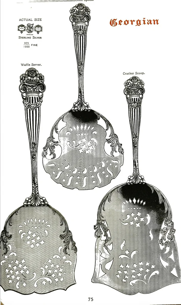 An illustration from Georgian: a pattern of spoons, forks and all other pieces of table flat ware is fully shown in this book, in which is also given an account of the chief events of the war of the revolution and the acts of oppression which preceded and provoked it..., 1906, leaf 81