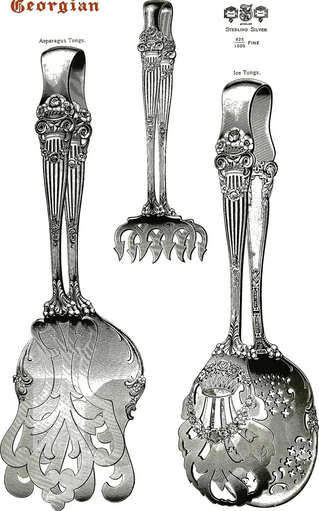 An illustration from Georgian: a pattern of spoons, forks and all other pieces of table flat ware is fully shown in this book, in which is also given an account of the chief events of the war of the revolution and the acts of oppression which preceded and provoked it..., 1906, leaf 84