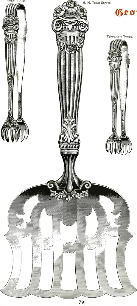 An illustration from Georgian: a pattern of spoons, forks and all other pieces of table flat ware is fully shown in this book, in which is also given an account of the chief events of the war of the revolution and the acts of oppression which preceded and provoked it..., 1906, leaf 85