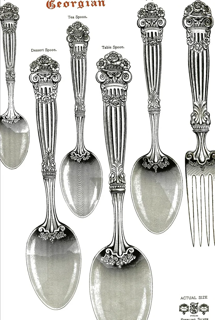 An illustration from Georgian: a pattern of spoons, forks and all other pieces of table flat ware is fully shown in this book, in which is also given an account of the chief events of the war of the revolution and the acts of oppression which preceded and provoked it..., 1906, leaf 86