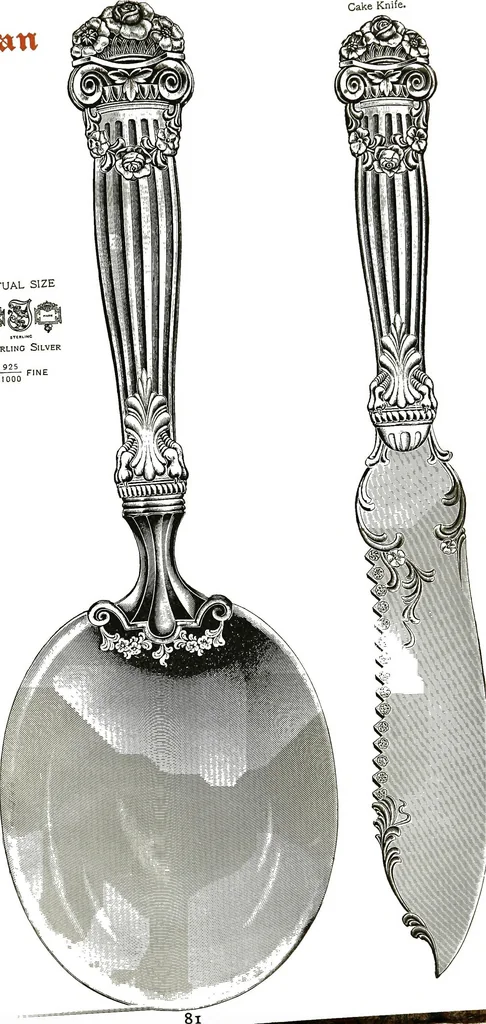An illustration from Georgian: a pattern of spoons, forks and all other pieces of table flat ware is fully shown in this book, in which is also given an account of the chief events of the war of the revolution and the acts of oppression which preceded and provoked it..., 1906, leaf 87