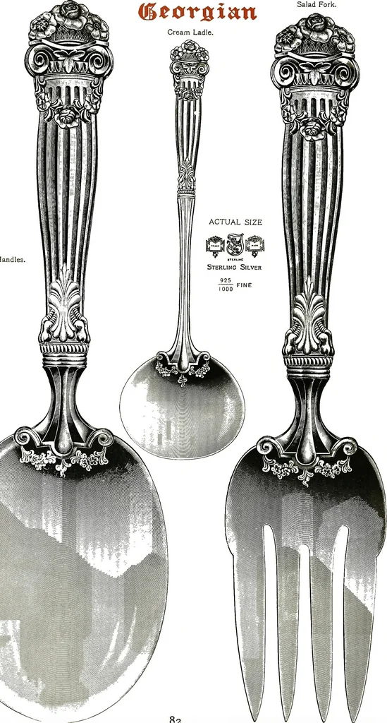 An illustration from Georgian: a pattern of spoons, forks and all other pieces of table flat ware is fully shown in this book, in which is also given an account of the chief events of the war of the revolution and the acts of oppression which preceded and provoked it..., 1906, leaf 88