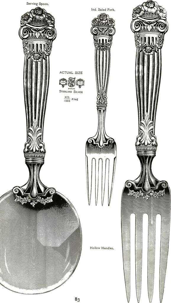 An illustration from Georgian: a pattern of spoons, forks and all other pieces of table flat ware is fully shown in this book, in which is also given an account of the chief events of the war of the revolution and the acts of oppression which preceded and provoked it..., 1906, leaf 89