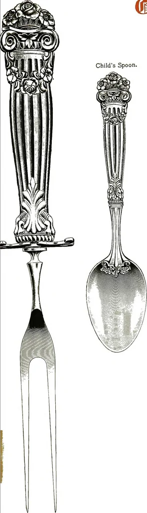 An illustration from Georgian: a pattern of spoons, forks and all other pieces of table flat ware is fully shown in this book, in which is also given an account of the chief events of the war of the revolution and the acts of oppression which preceded and provoked it..., 1906, leaf 93