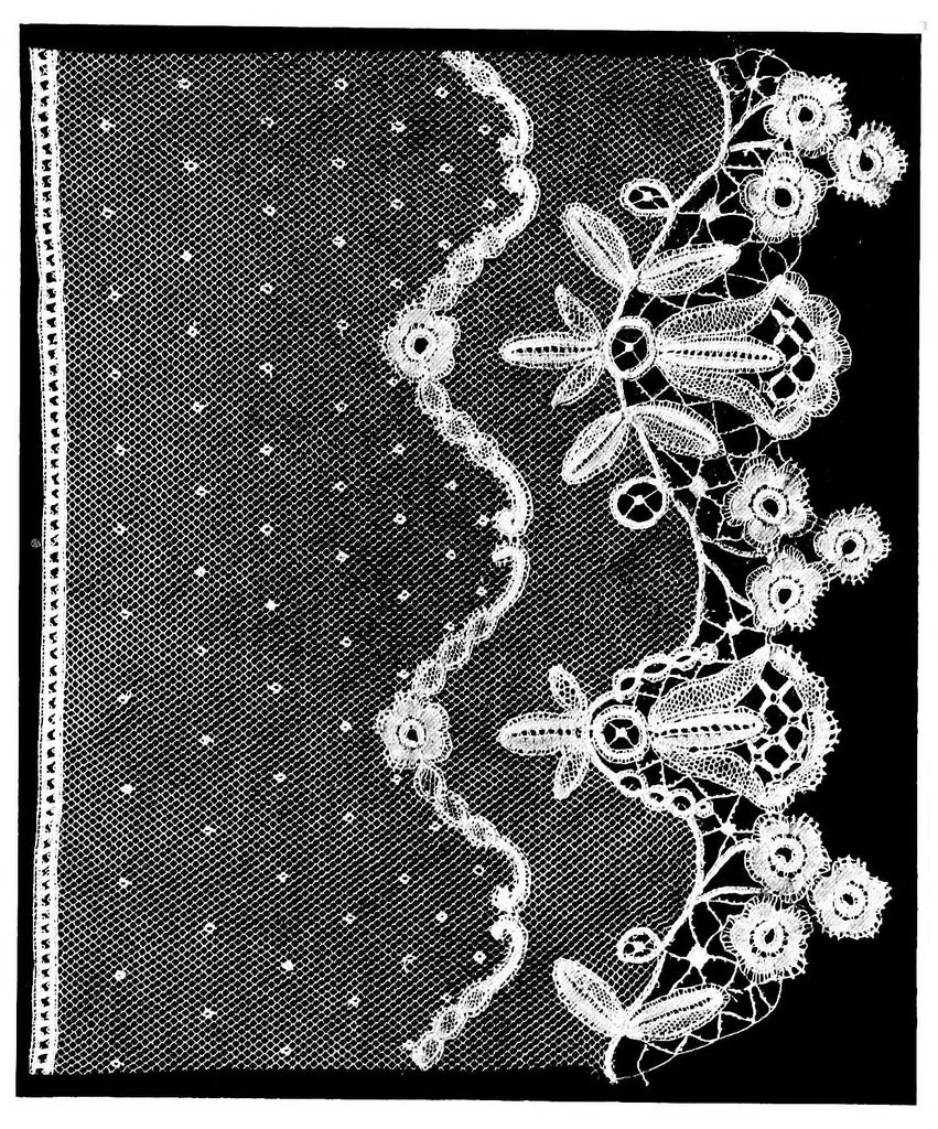An illustration from The art of bobbin lace : a practical text book of workmanship in antique and modern lace including Geneoese, point de flandre bruges guipure, duchesse, Honiton, "raised" Honiton, applique, and Bruxelles : also how to clean and repair valuable lace, etc., 1911, leaf 102