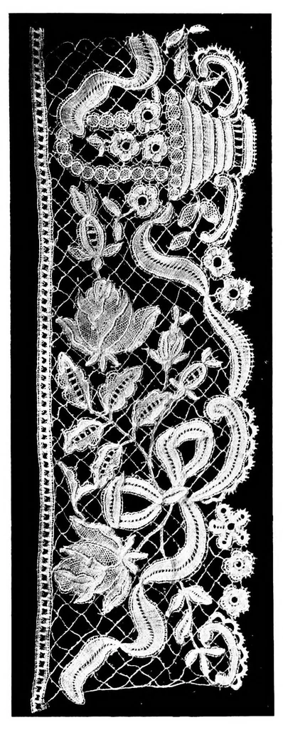 An illustration from The art of bobbin lace : a practical text book of workmanship in antique and modern lace including Geneoese, point de flandre bruges guipure, duchesse, Honiton, "raised" Honiton, applique, and Bruxelles : also how to clean and repair valuable lace, etc., 1911, leaf 122