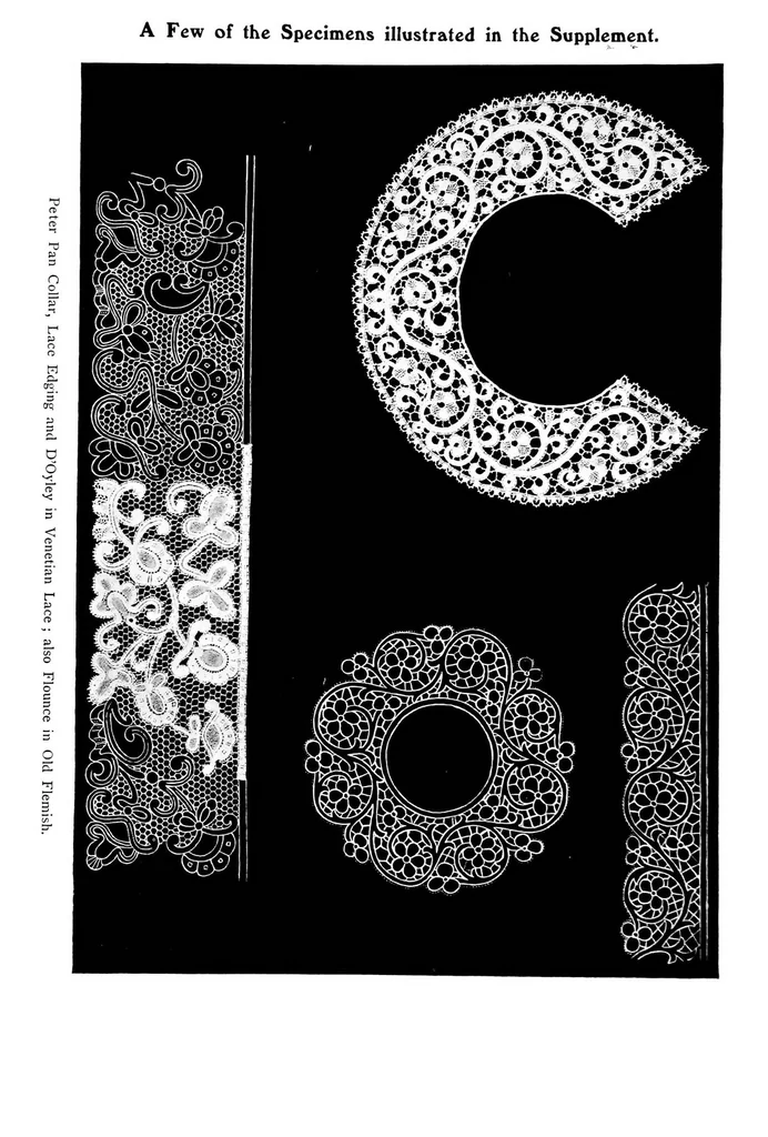 An illustration from The art of bobbin lace : a practical text book of workmanship in antique and modern lace including Geneoese, point de flandre bruges guipure, duchesse, Honiton, "raised" Honiton, applique, and Bruxelles : also how to clean and repair valuable lace, etc., 1911, leaf 149