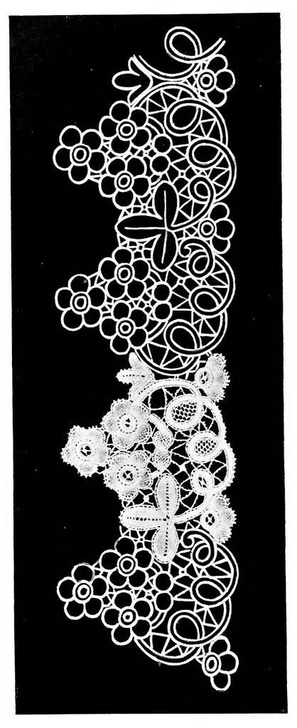 An illustration from The art of bobbin lace : a practical text book of workmanship in antique and modern lace including Geneoese, point de flandre bruges guipure, duchesse, Honiton, "raised" Honiton, applique, and Bruxelles : also how to clean and repair valuable lace, etc., 1911, leaf 63
