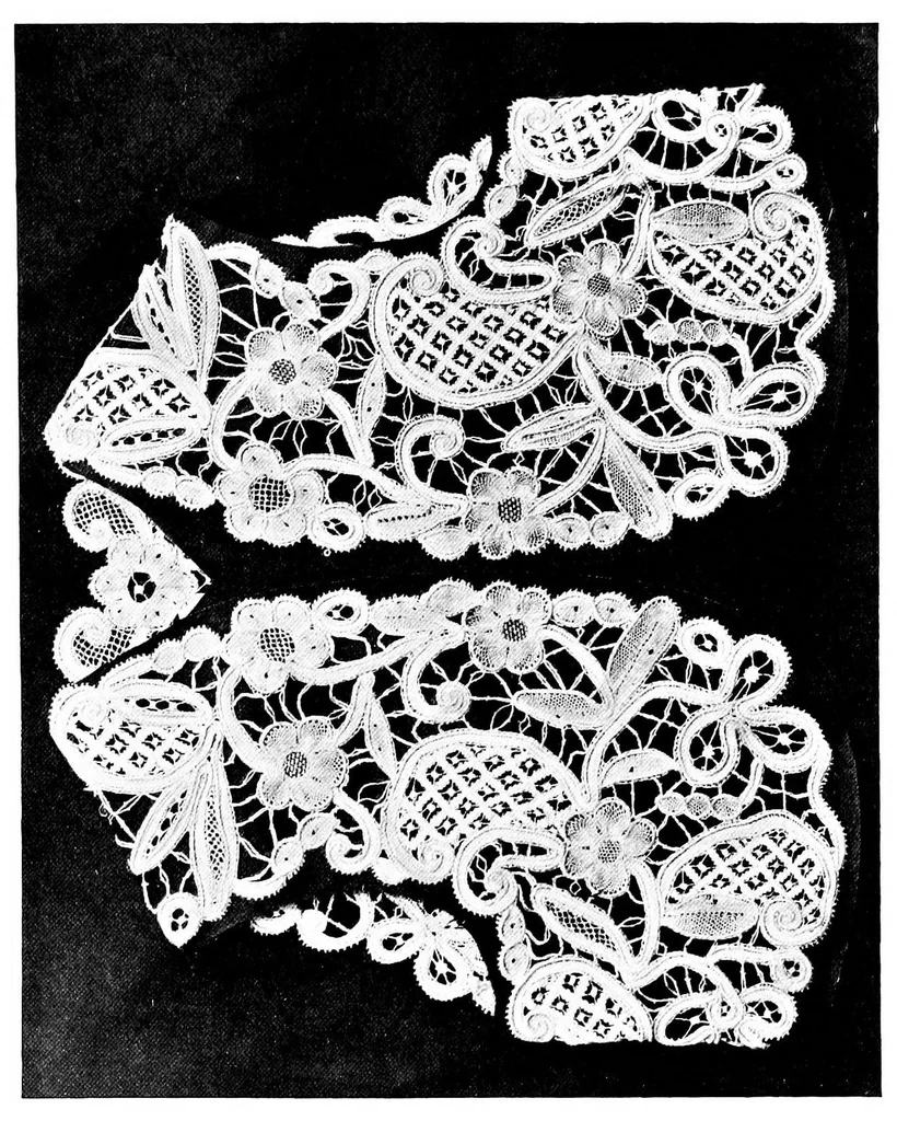 An illustration from The art of bobbin lace : a practical text book of workmanship in antique and modern lace including Geneoese, point de flandre bruges guipure, duchesse, Honiton, "raised" Honiton, applique, and Bruxelles : also how to clean and repair valuable lace, etc., 1911, leaf 80