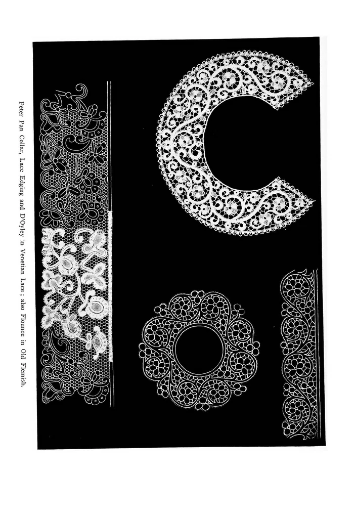 An illustration from Supplement to The art of bobbin lace : a practical text book of workmanship in antique and modern bobbin lace : including Venetian, Milanese, Genoese, guipure, Flemish, Honiton, duchesse, and Brussels : also several rare stitches and fillings for various lace, 1911, leaf 17