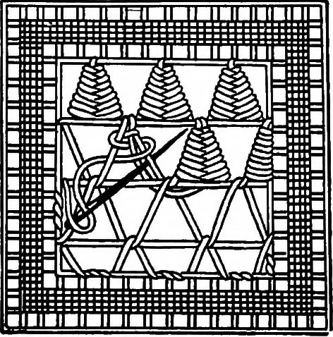 An illustration from The Priscilla Battenberg and point lace book; a collection of lace stitches with working directions for braid laces, 1912, leaf 35