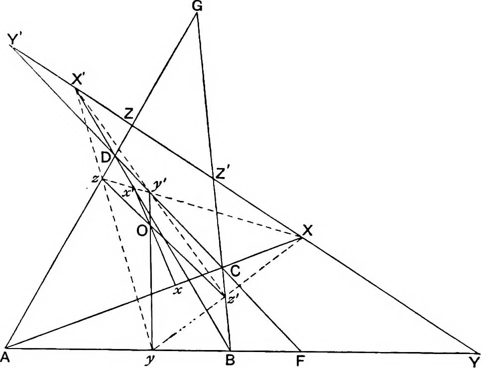 An illustration from An elementary treatise on modern pure geometry, 1893, leaf 105