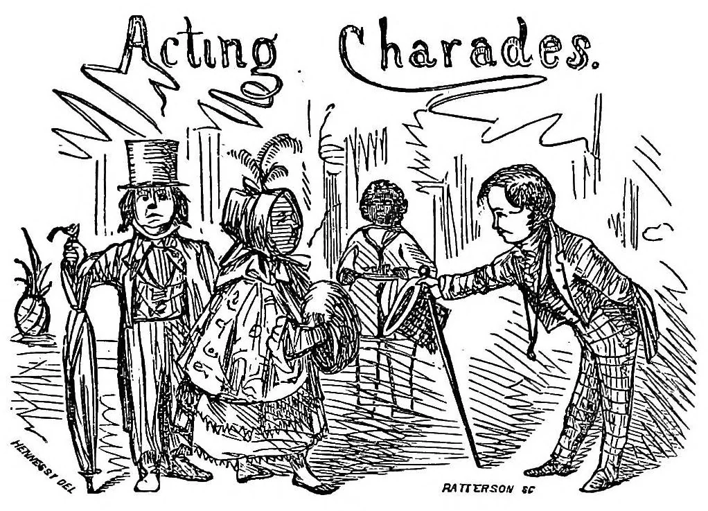 An illustration from The sociable, or, One thousand and one home amusements : containing acting proverbs, dramatic charades, acting charades, or drawing-room pantomimes, musical burlesques, tableaux vivants, parlor games, games of action, forfeits, science in sport, and parlor magic, and a choice collection ofcurious mental and mechanical puzzles, &c., &c. : illustrated with nearly three hundred engravings and diagrams, the whole being a fund of never-endingentertainment, 1858, leaf 118