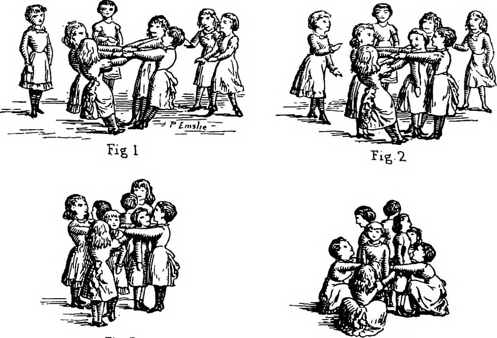 An illustration from The traditional games of England, Scotland, and Ireland, with tunes, singing-rhymes, and methods of playing according to the variants extant and recorded in different parts of the Kingdom;, 1894, leaf 129
