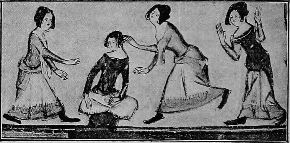 An illustration from The traditional games of England, Scotland, and Ireland, with tunes, singing-rhymes, and methods of playing according to the variants extant and recorded in different parts of the Kingdom;, 1894, leaf 171