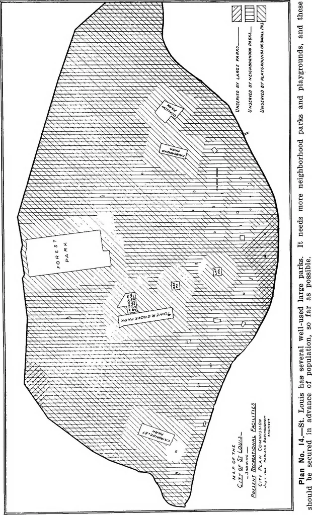 An illustration from Problems of St. Louis, being a description, from the city planning standpoint, of past and present tendencies of growth, with general suggestions for impending issues and necessary future improvements. The City Plan Commission, St. Louis, Mo., Harland Bartholomew, engineer, 1917, leaf 117
