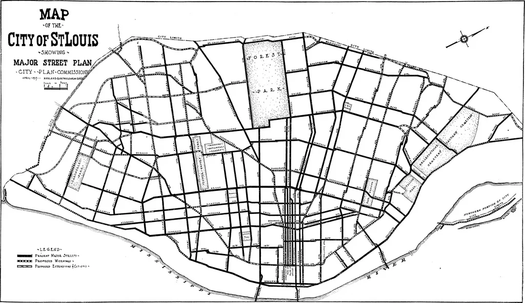 An illustration from Problems of St. Louis, being a description, from the city planning standpoint, of past and present tendencies of growth, with general suggestions for impending issues and necessary future improvements. The City Plan Commission, St. Louis, Mo., Harland Bartholomew, engineer, 1917, leaf 35