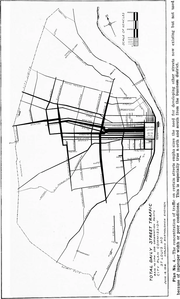 An illustration from Problems of St. Louis, being a description, from the city planning standpoint, of past and present tendencies of growth, with general suggestions for impending issues and necessary future improvements. The City Plan Commission, St. Louis, Mo., Harland Bartholomew, engineer, 1917, leaf 45