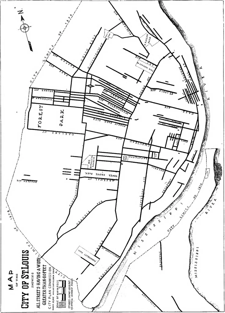 An illustration from Problems of St. Louis, being a description, from the city planning standpoint, of past and present tendencies of growth, with general suggestions for impending issues and necessary future improvements. The City Plan Commission, St. Louis, Mo., Harland Bartholomew, engineer, 1917, leaf 53